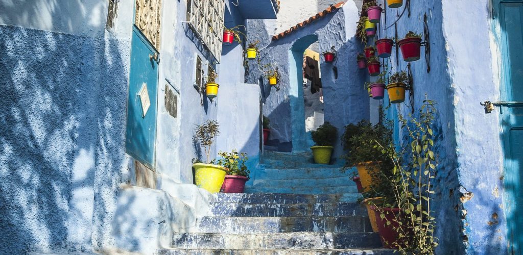 Blue painted house exteriors on stairway, Chefchaouen, Morocco